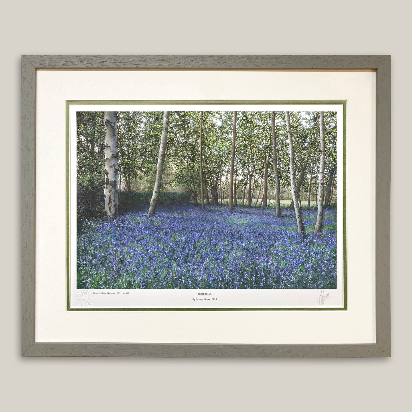 grey framed print of bluebells
