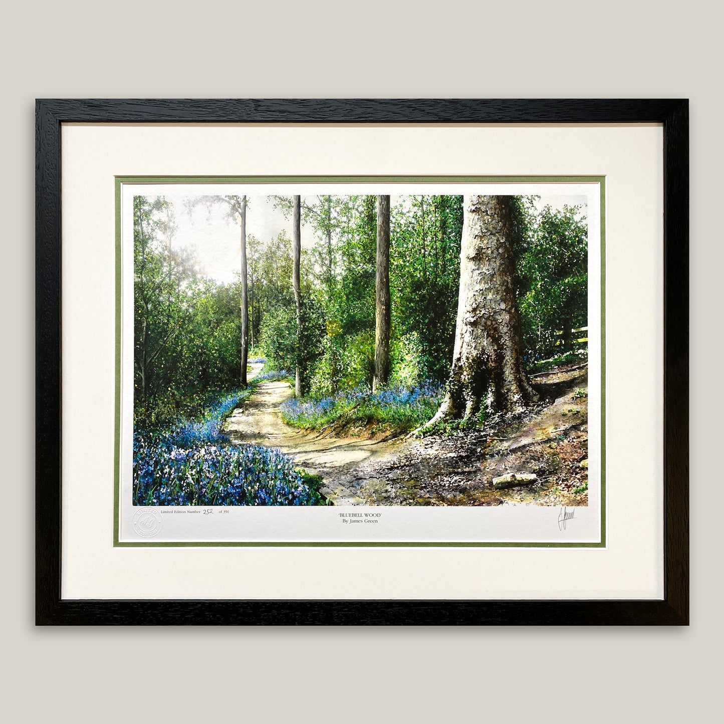 Picture of bluebells framed in a flat black moulding
