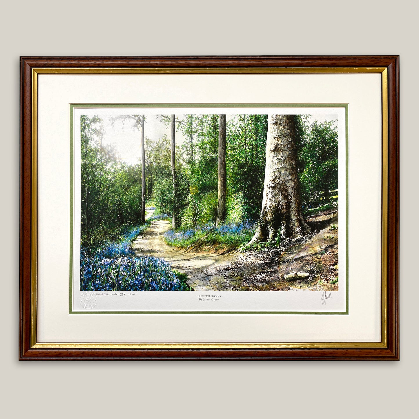 Painting of the bluebell wood at Thorpe Wood Peterborough framed in dark wood with a gold trim