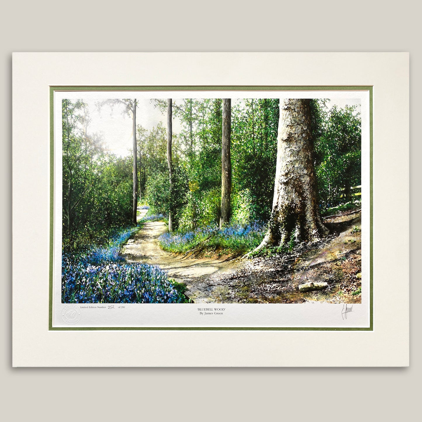 double mounted limited edition print of a  painting of bluebell woods by peterborough artist James Green