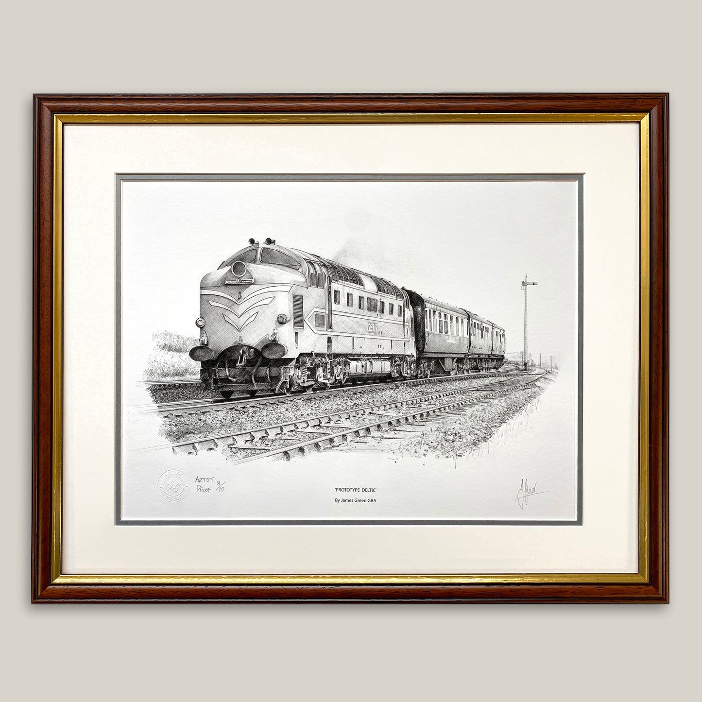 sketch of Prototype Deltic framed in dark wood