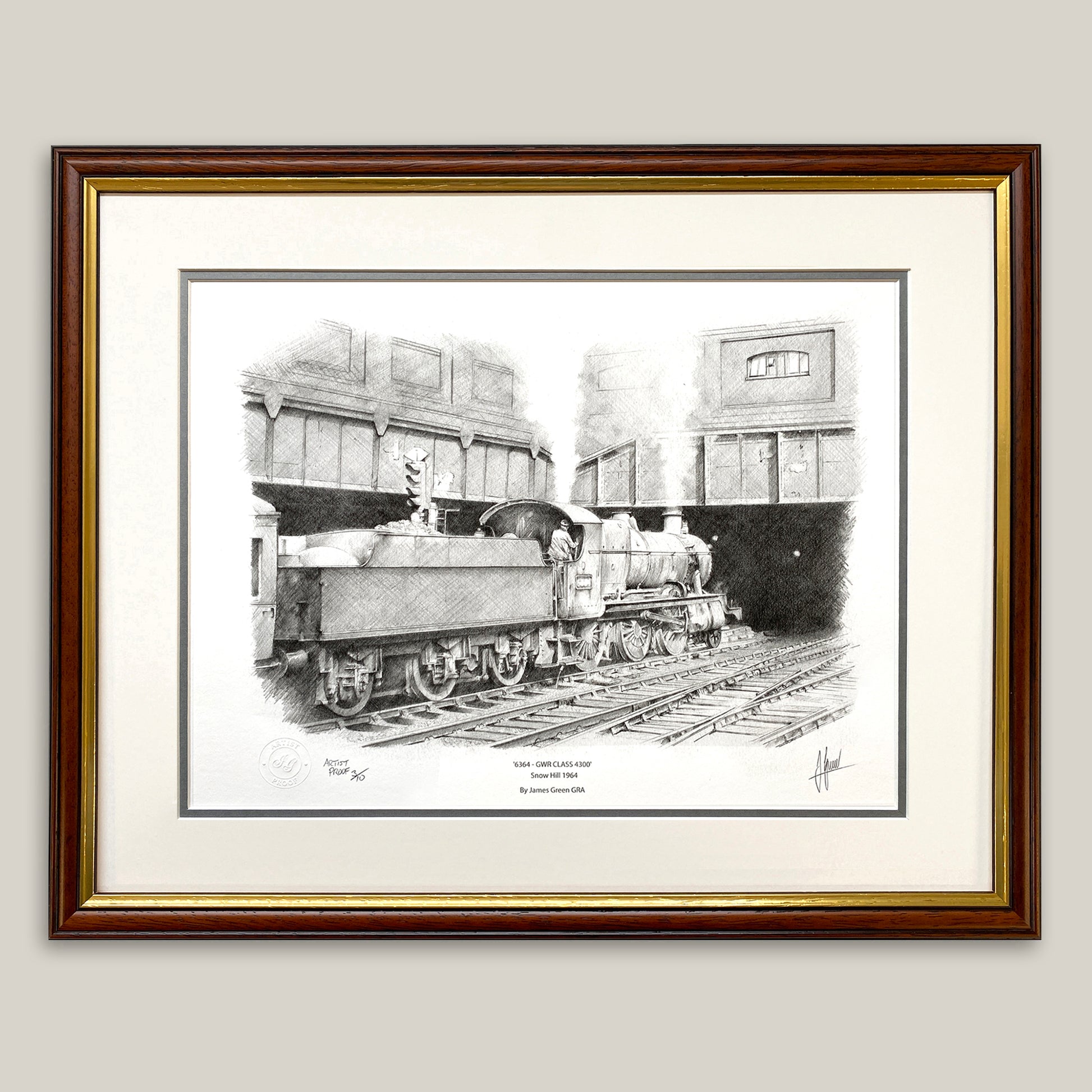 framed pencil sketch showing a GWR steam train at Birmingham Snow Hill Station  in 1964