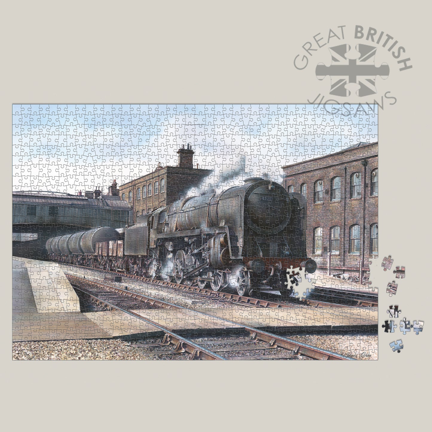 nearly finished jigsaw puzzle of a 9f steam train
