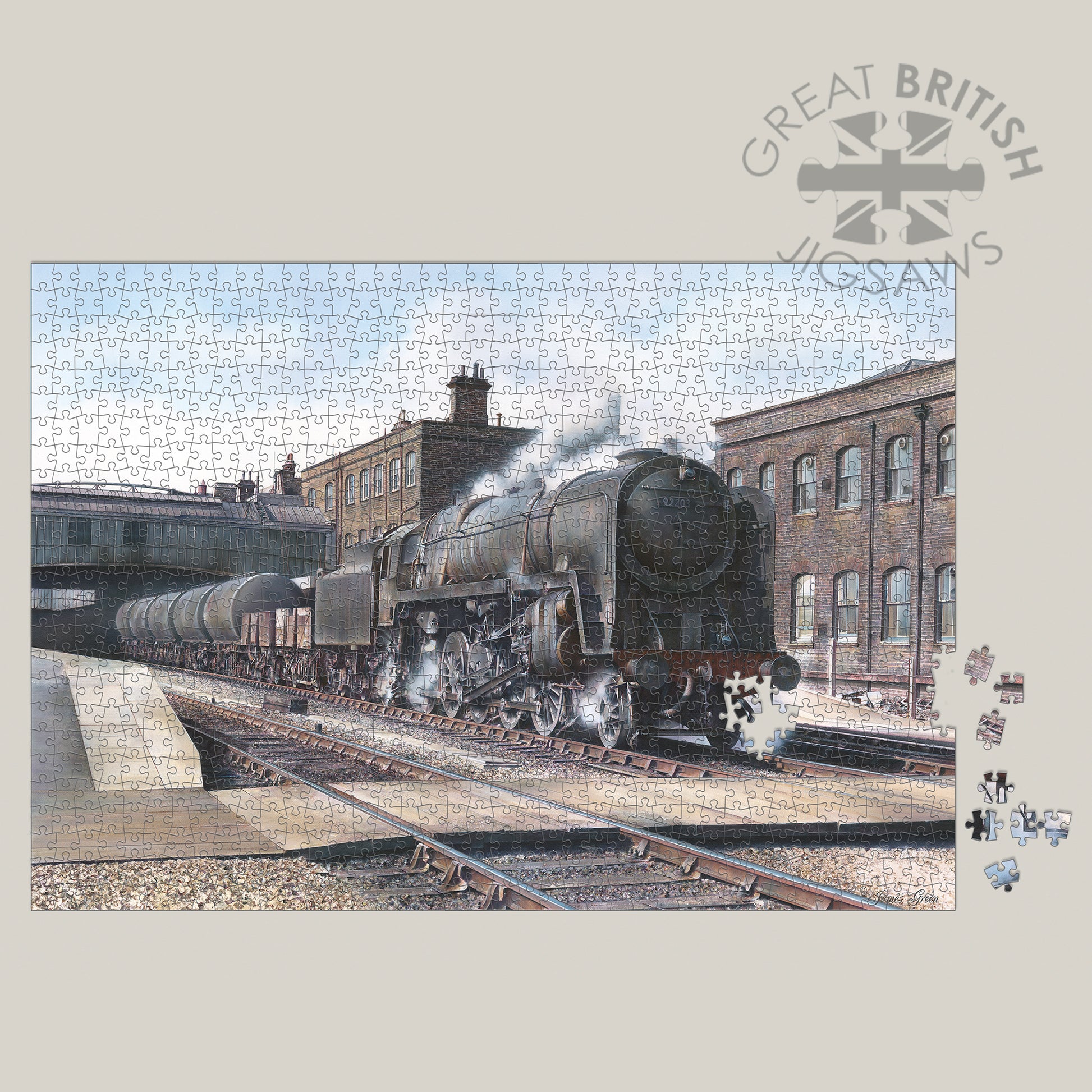 nearly finished jigsaw puzzle of a 9f steam train