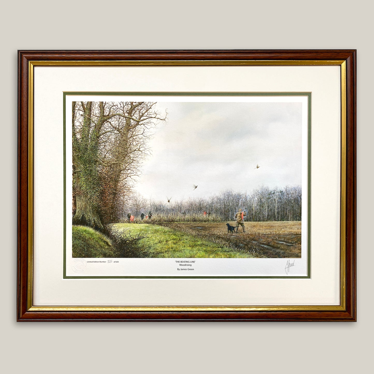 Framed watercolour of beaters flushing out pheasants at woodrising shooting estate 