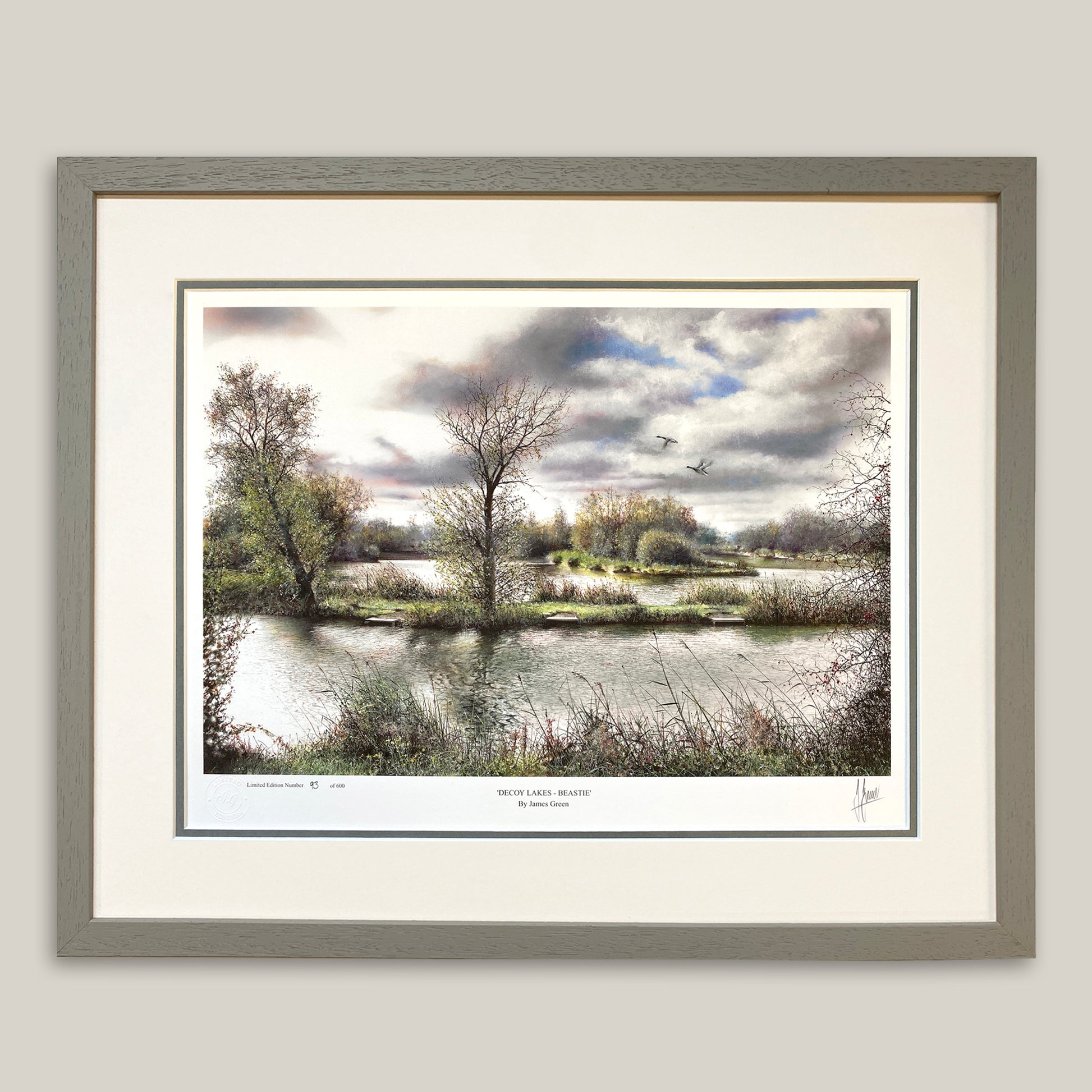 Whittlesey fishing lakes painting by James Green framed in grey