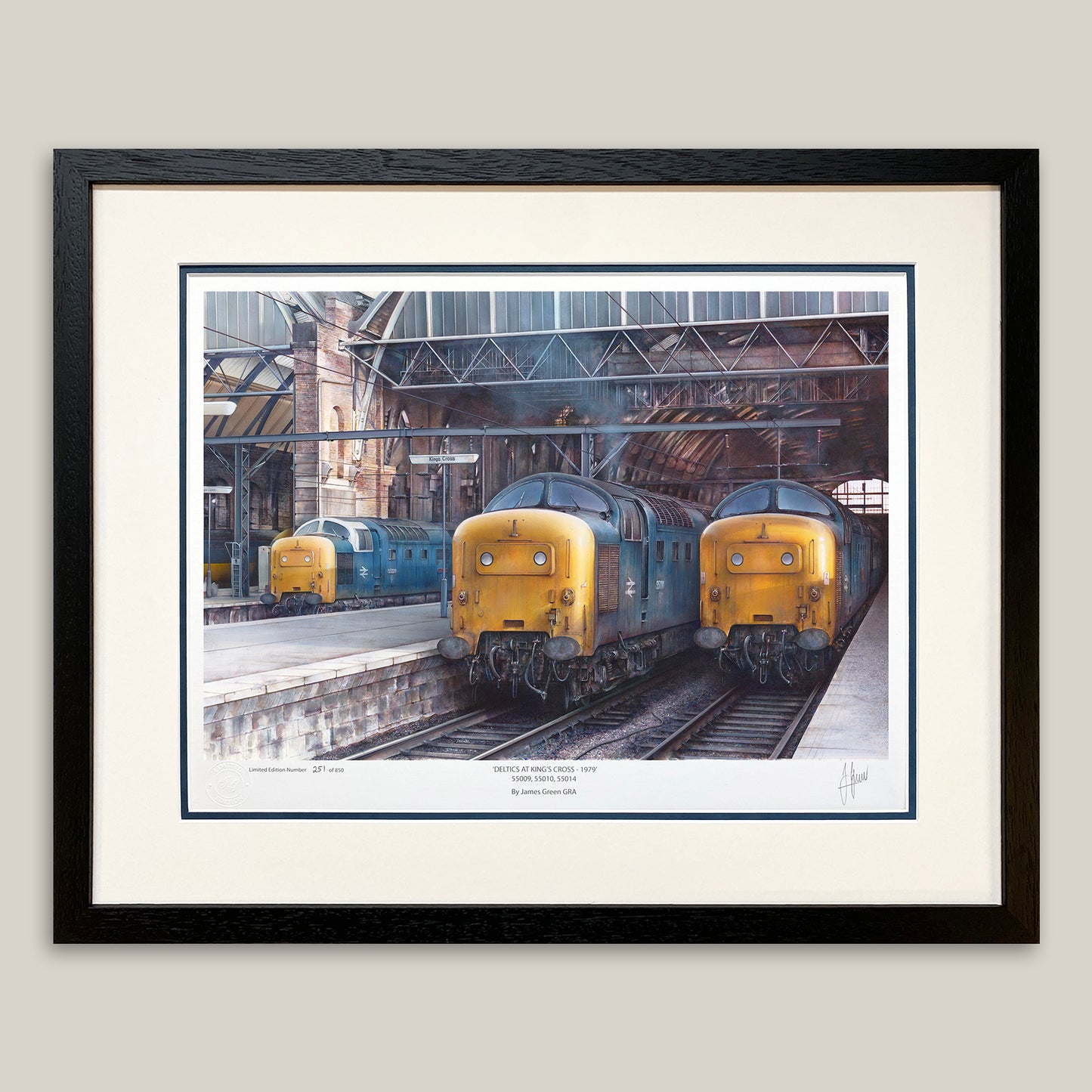 framed print of 3 deltics 55009 Alycidon with a white cab, the middle deltic 55010 The King's Own Scottish Borderer and on the right of the painting is 55014 The Duke of Wellington's Regiment