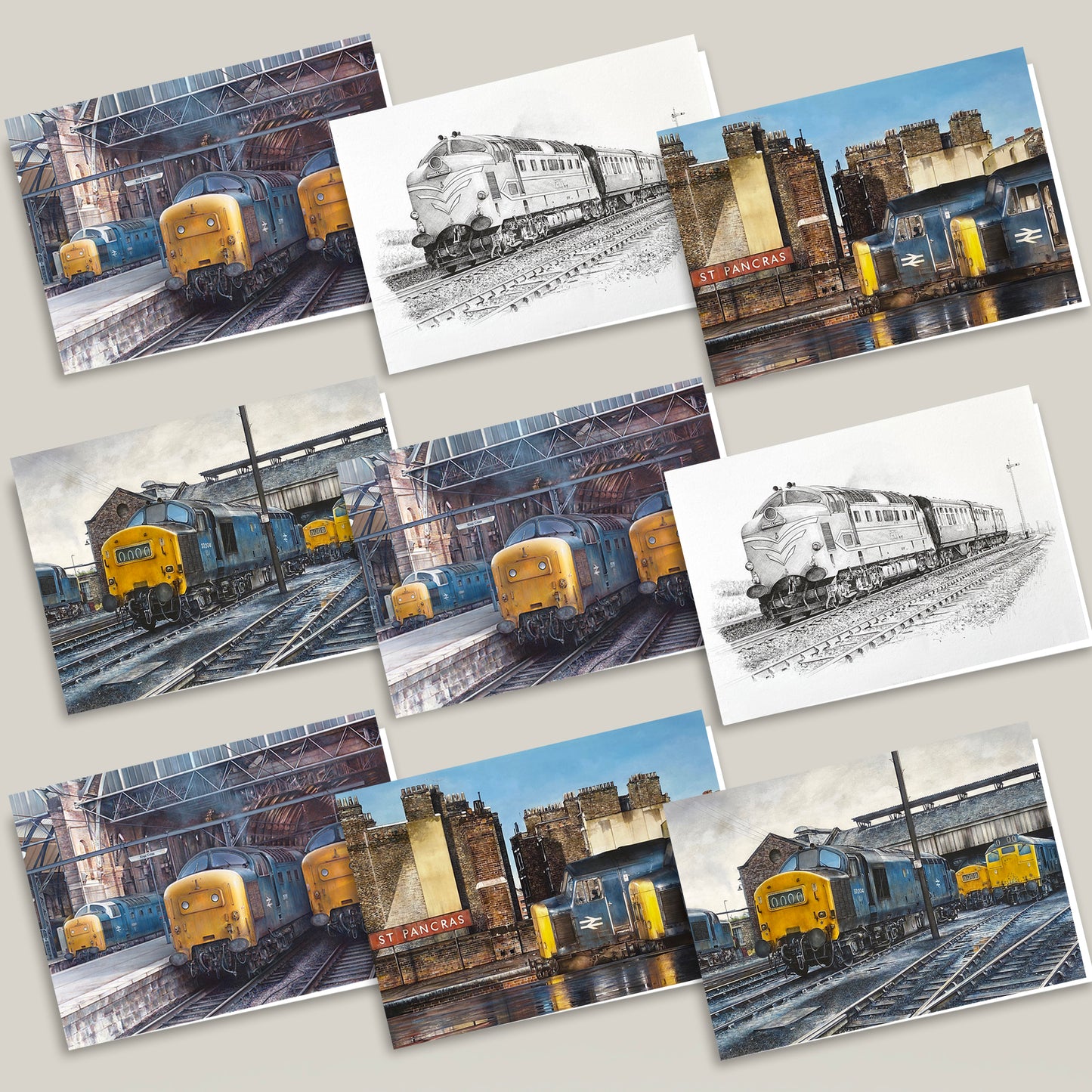 mixed pack of greeting cards with diesel train pictures on