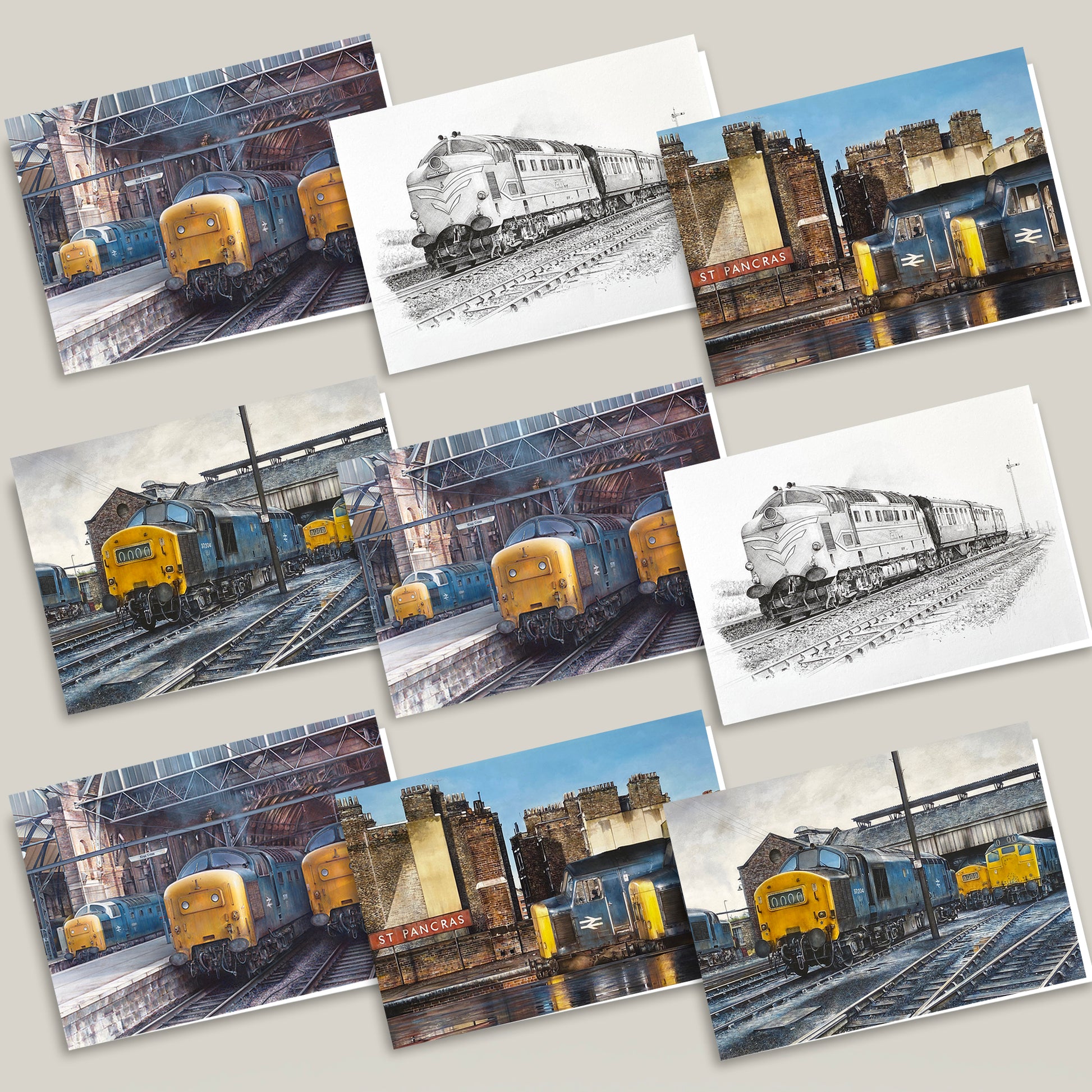 mixed pack of greeting cards with diesel train pictures on