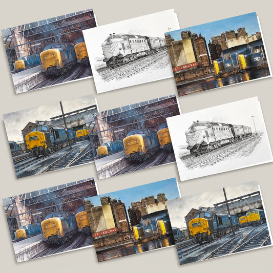 mixed pack of greeting cards with diesel train pictures on