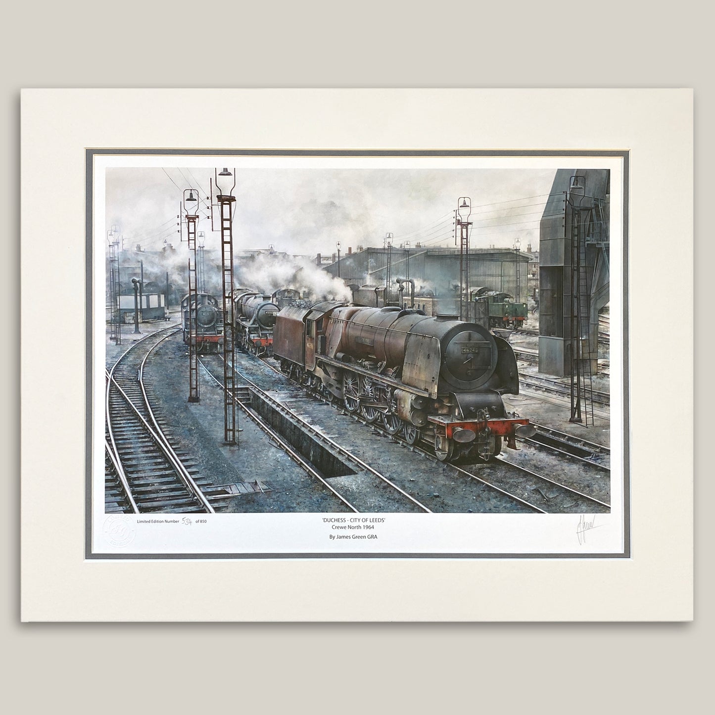Painting of a Duchess train  at Crewe North train sheds in 1964