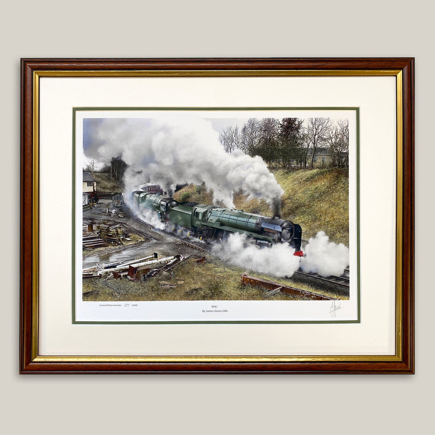 a painting of two steam trains in a powerful double header, at the front is  70013 Oliver Cromwell and at the rear  71000 Duke of Gloucester