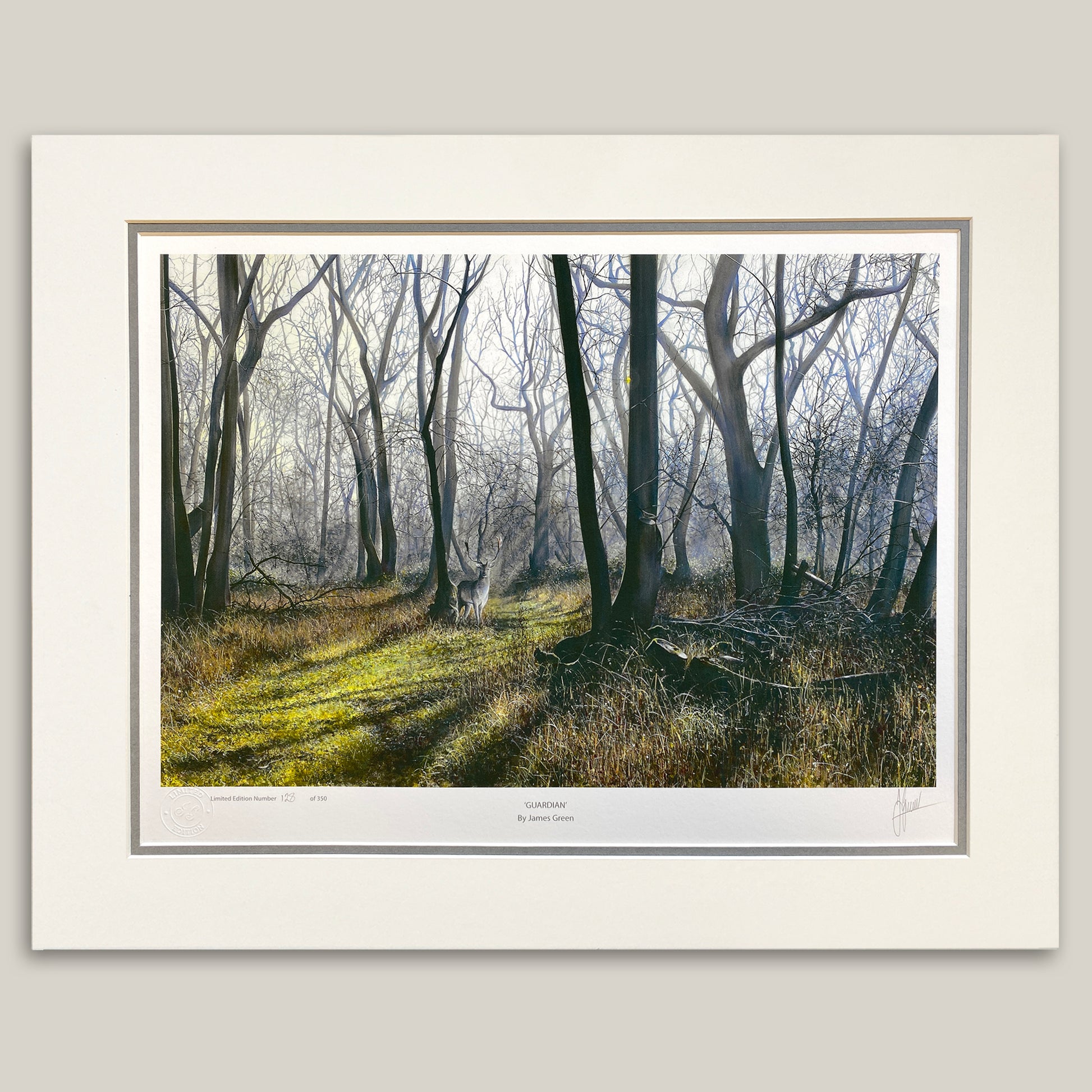 painting of a fallow stag in a forest