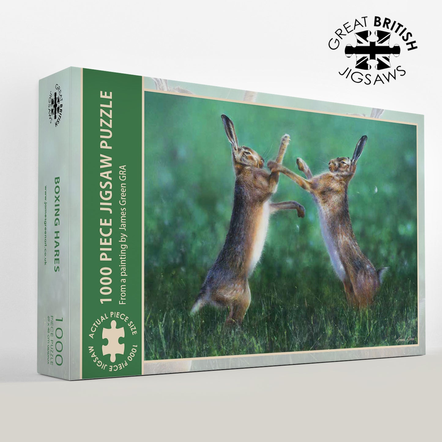 1000 piece puzzle showing a pair of hares boxing with a green background