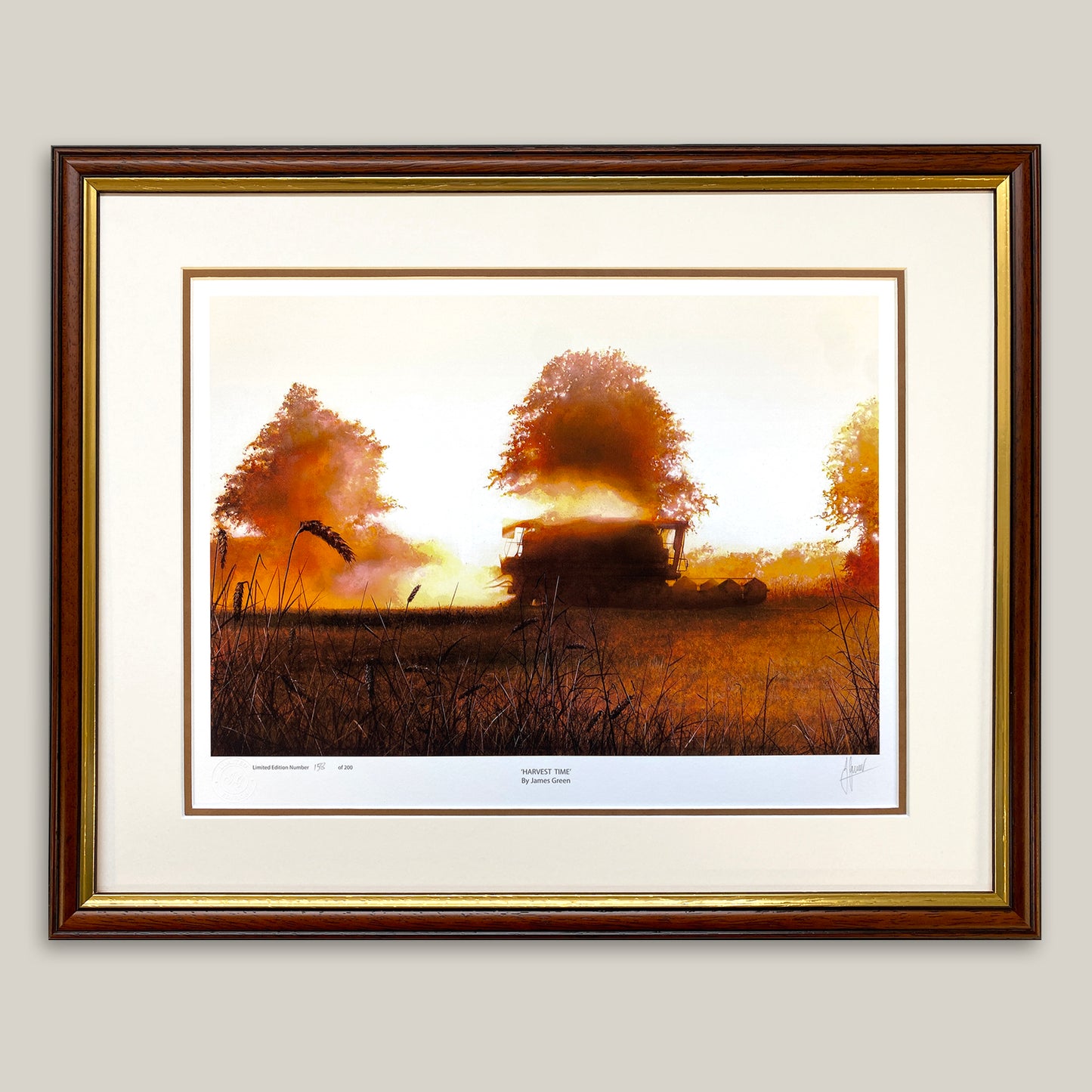 wooden framed painting of a combine harvester