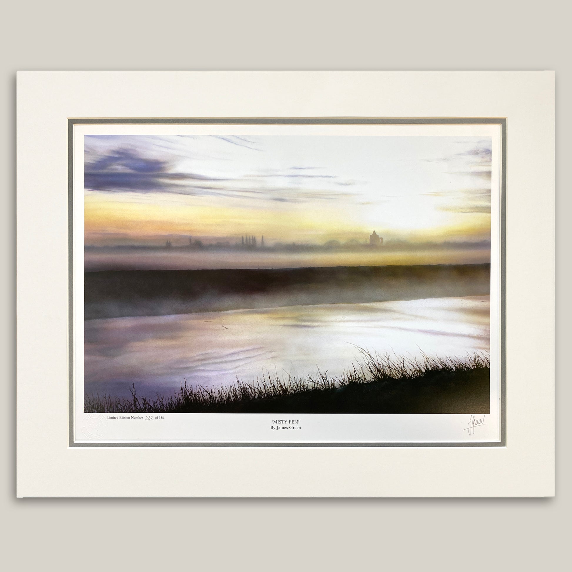 misty fen landscape painting with a silhouette of Crowland Abbey in the background