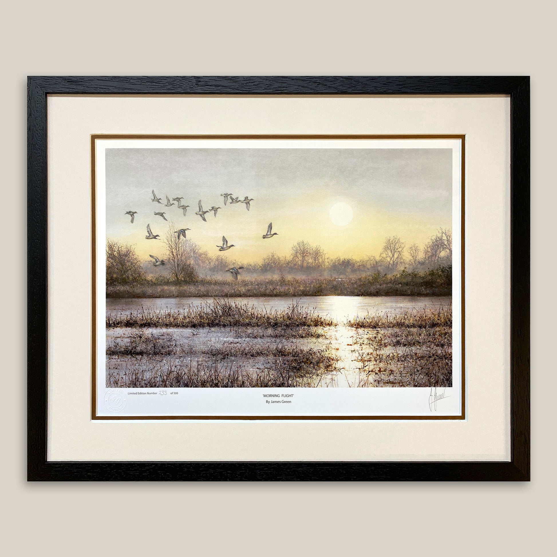 Sunset over flooded wash painting, framed in a black frame with a double mount