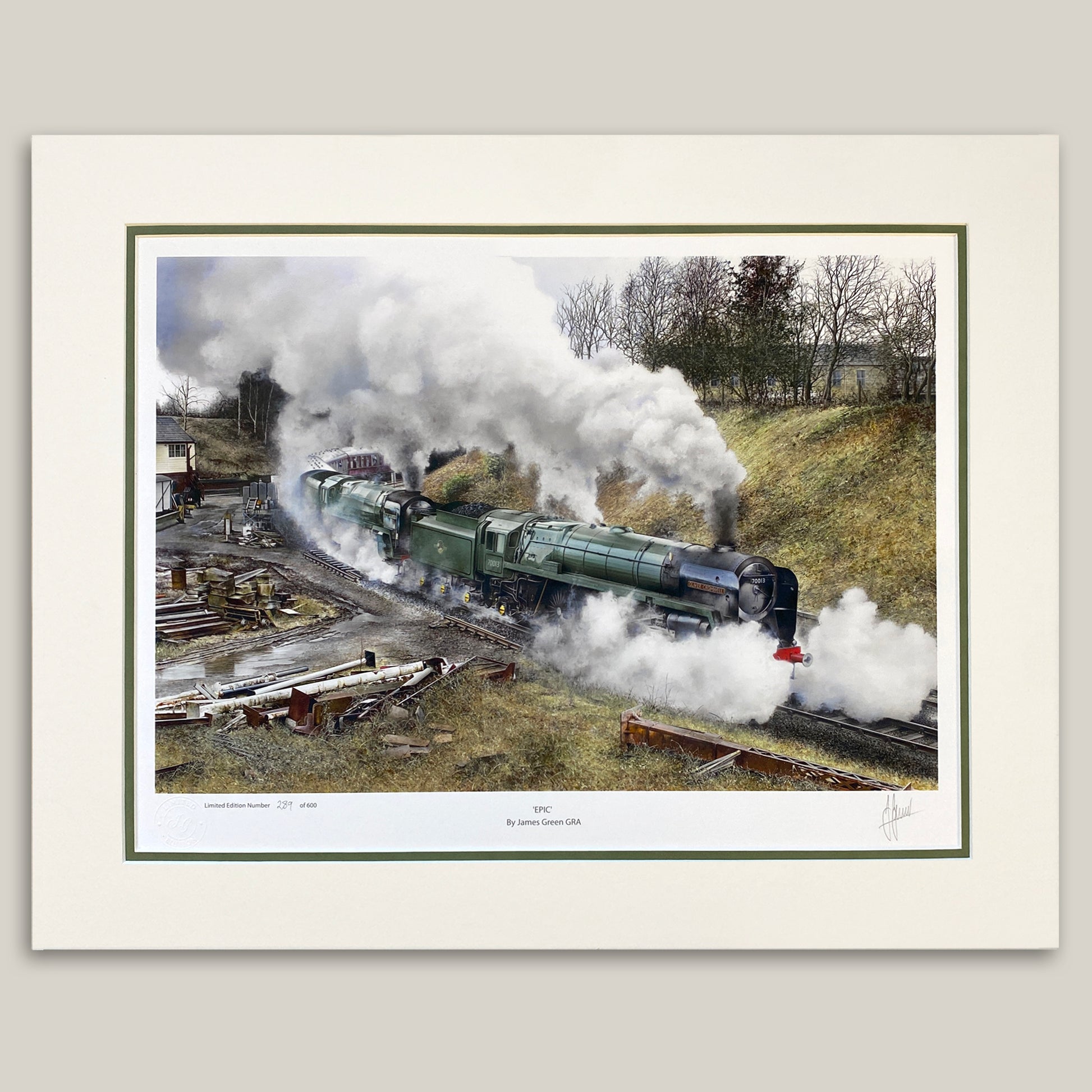 painting of two steam trains double heading at Bury