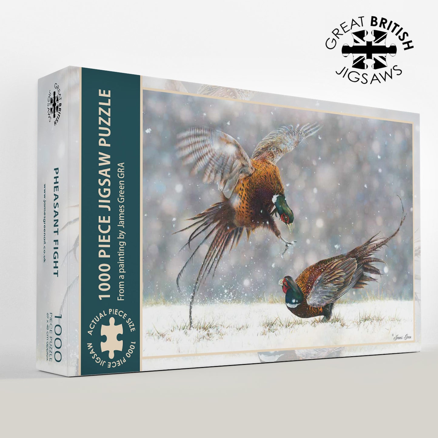 Puzzle of two pheasants fighting in the snow