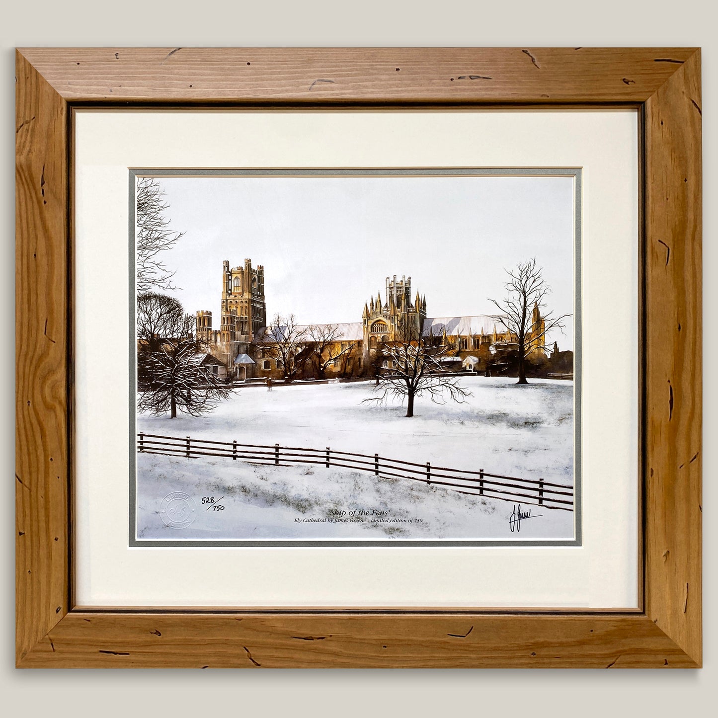 winter scene of Ely Cathedral in a pine frame