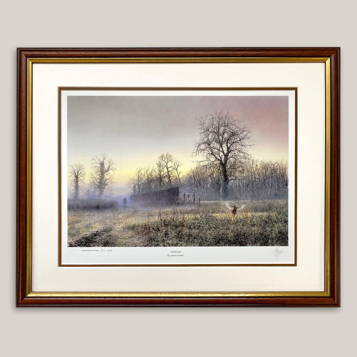 Painting of a startled pheasant with shooter in the background