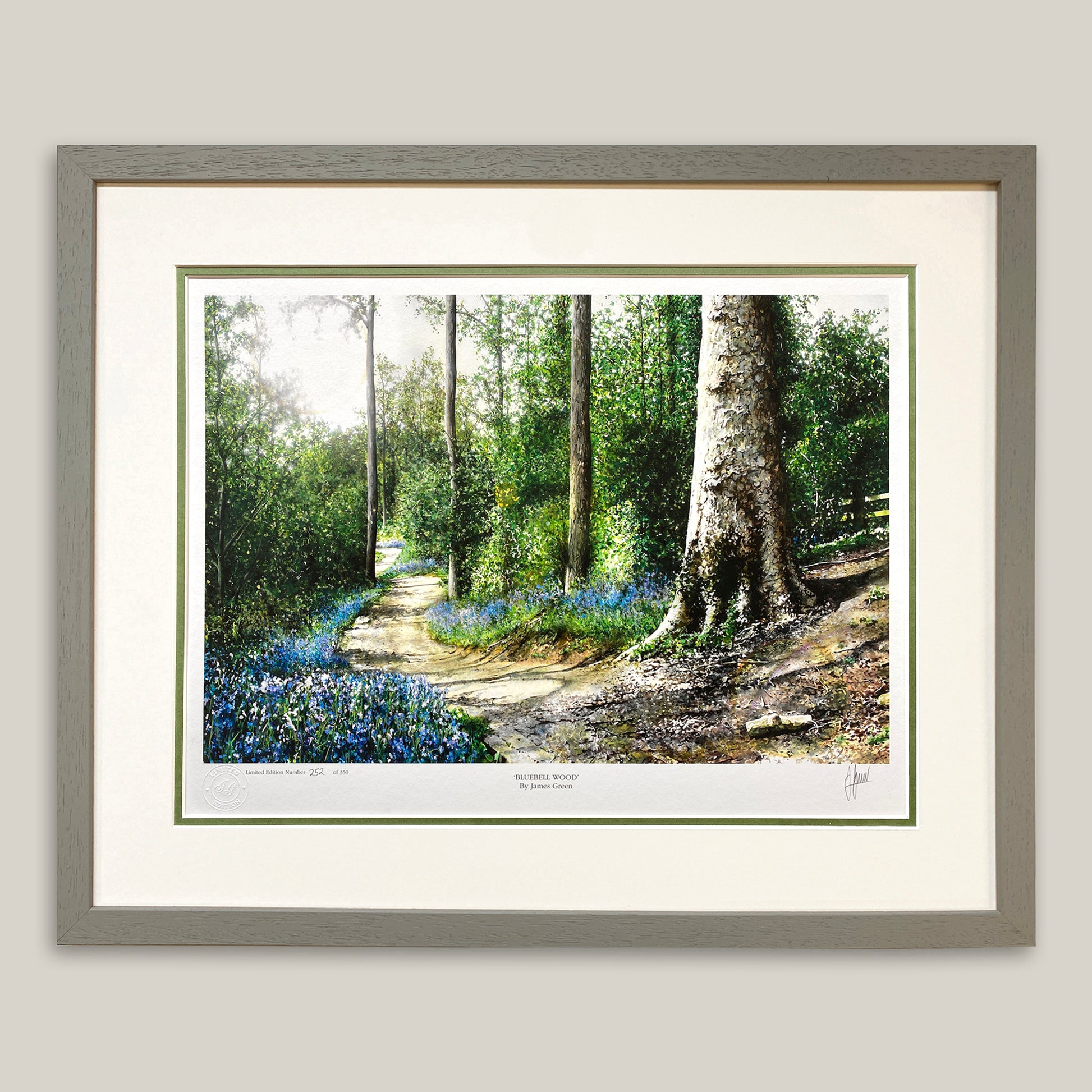 bluebell wood painting framed in a light grey moulding