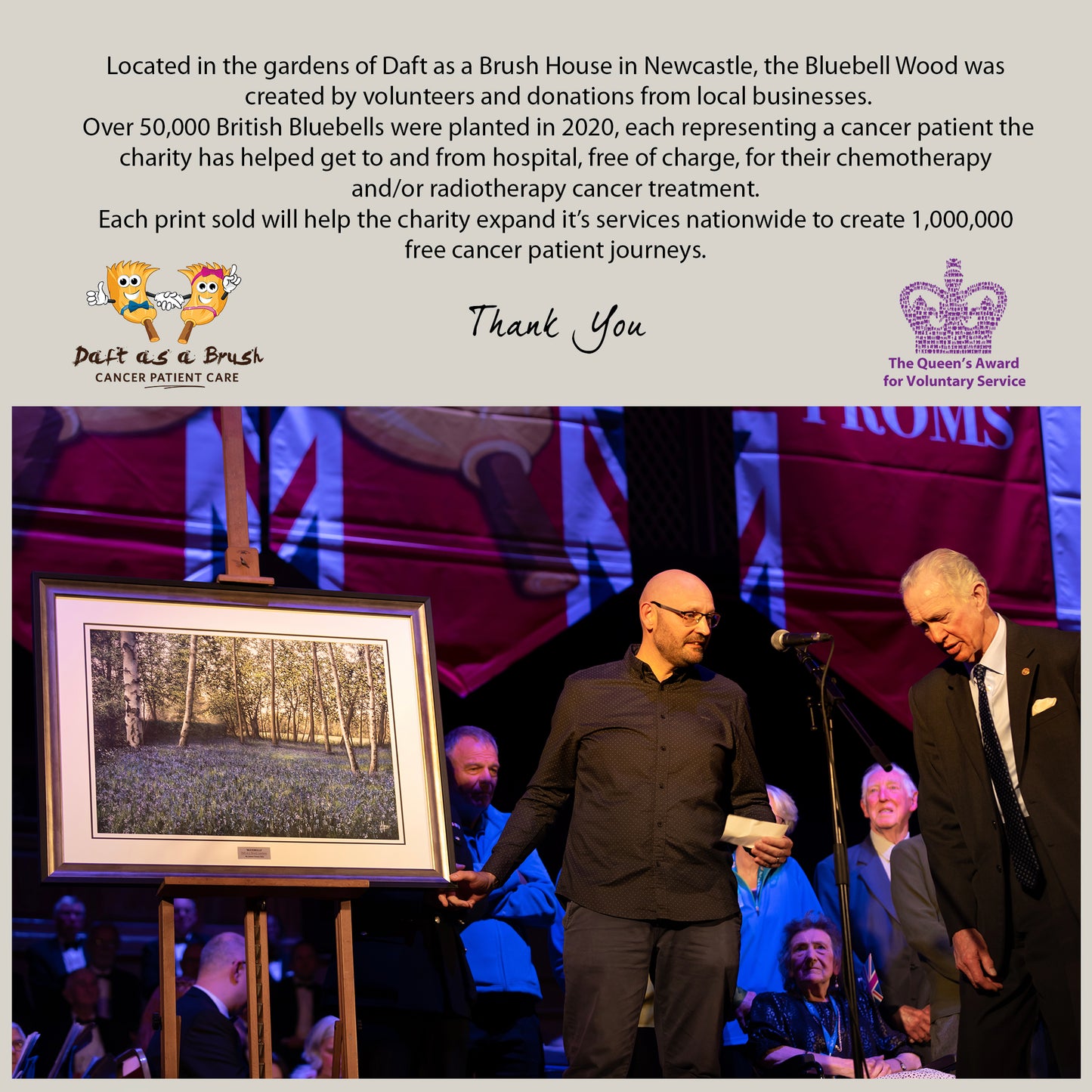 Artist James Green presenting a cheque  and original framed bluebell painting to Brian Burnie from daft as a Brush cancer patient care