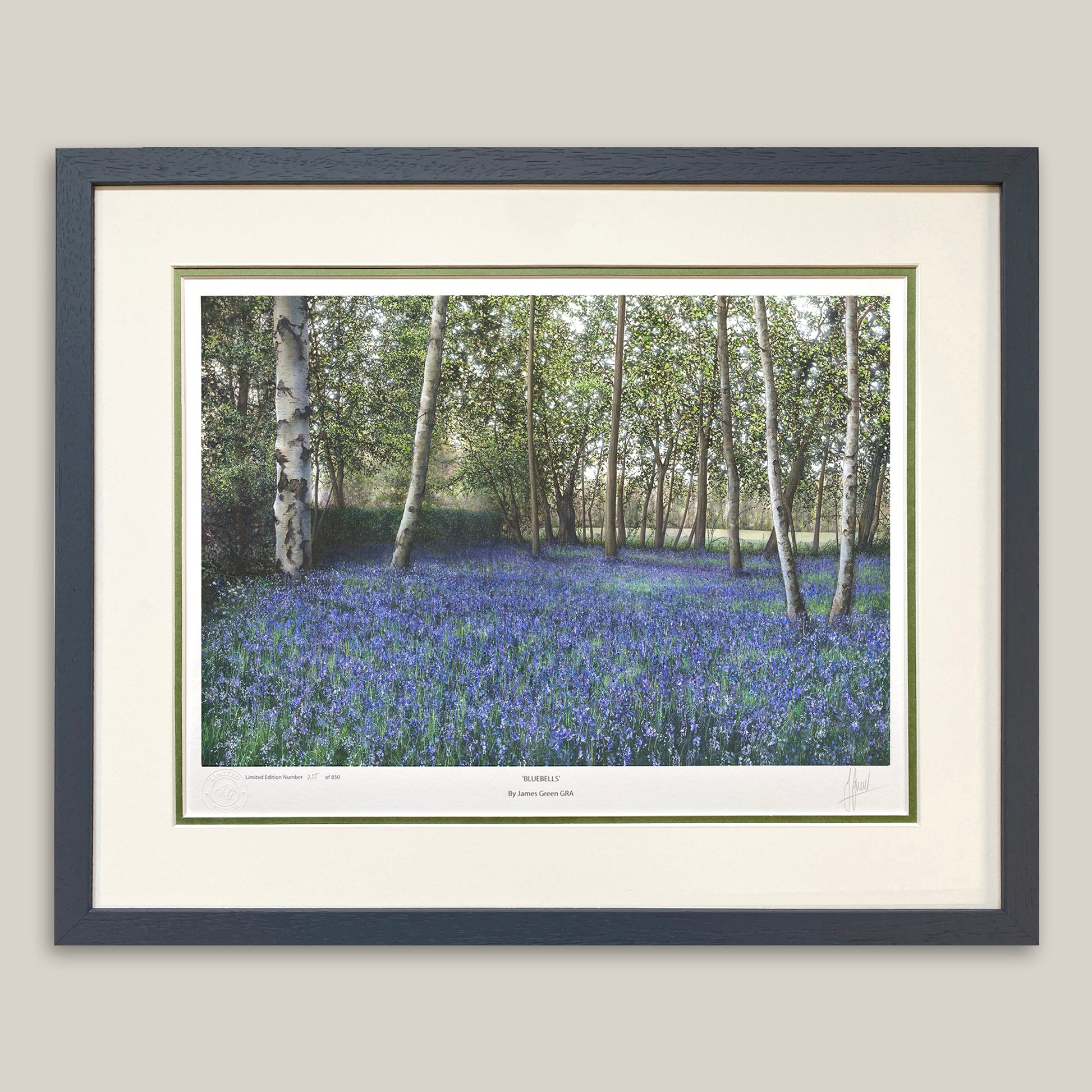 bluebells print with a double mount with green inner and blue frame