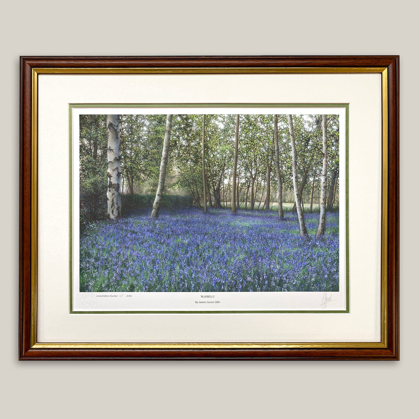 bluebell artwork in a dark wood frame