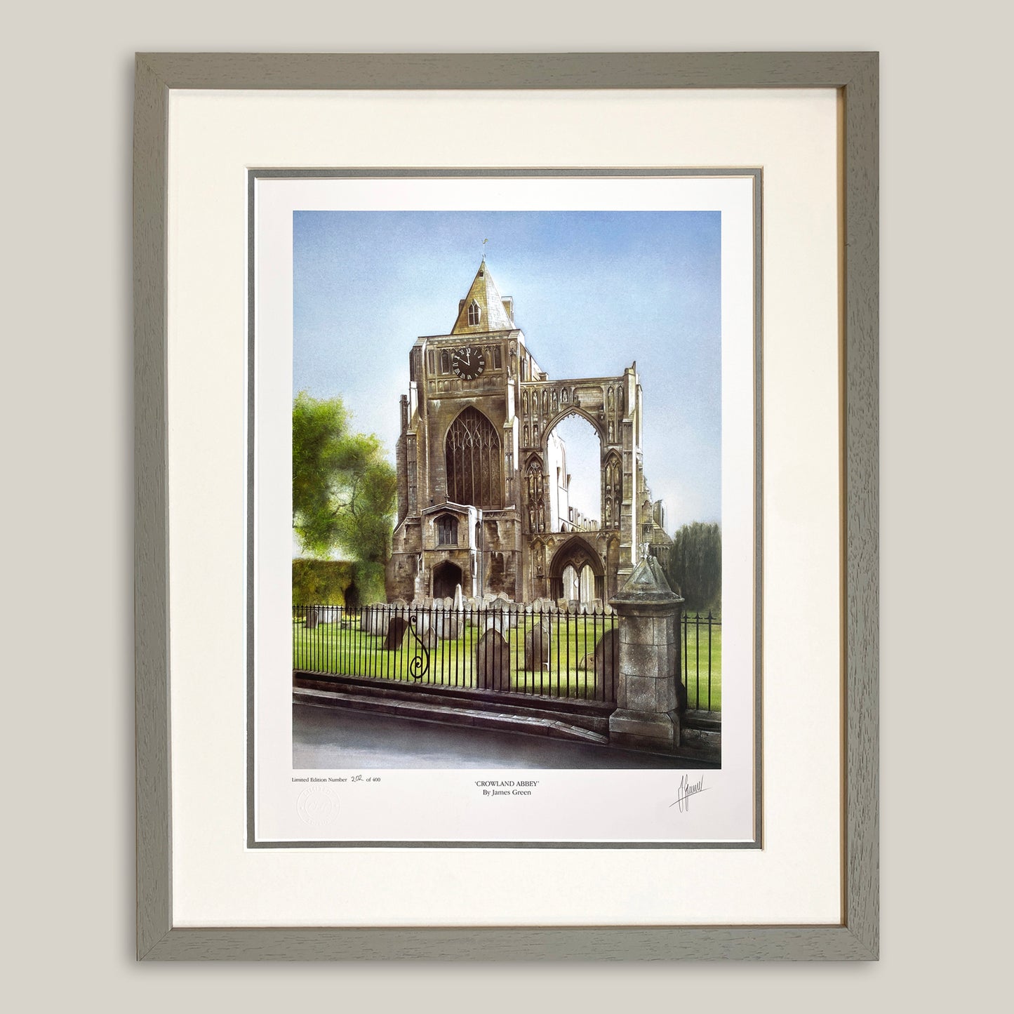 signed print of crowland abbey by James Green