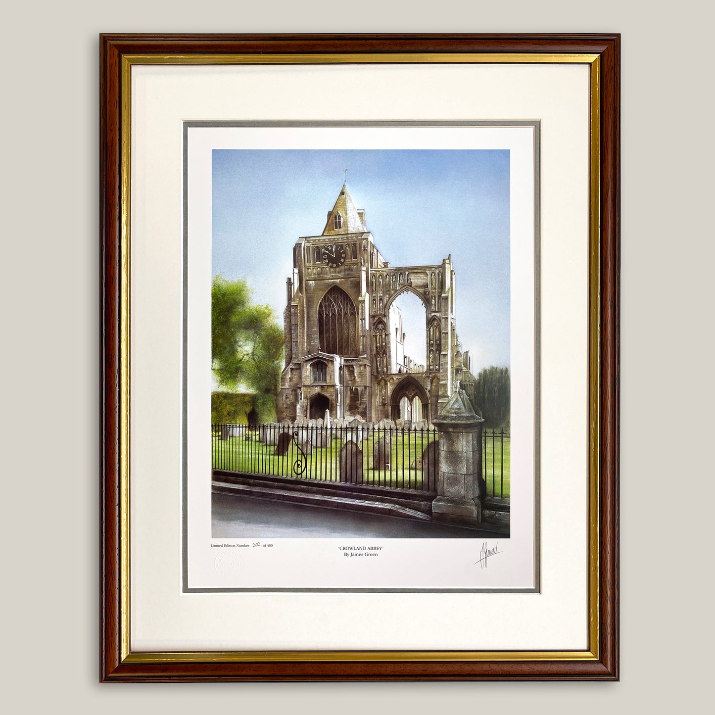 Crowland Abbey limited edition print in dark wood frame