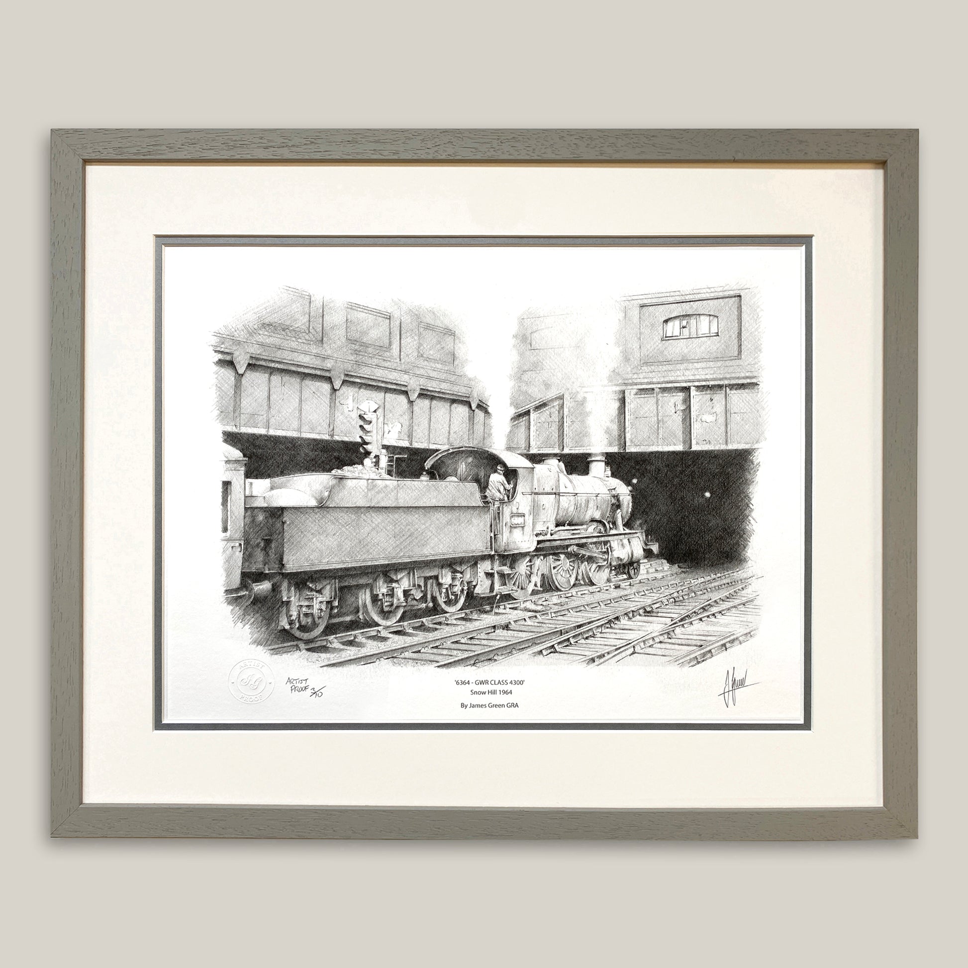A drawing of a steam train in a grey frame by the artist James Green