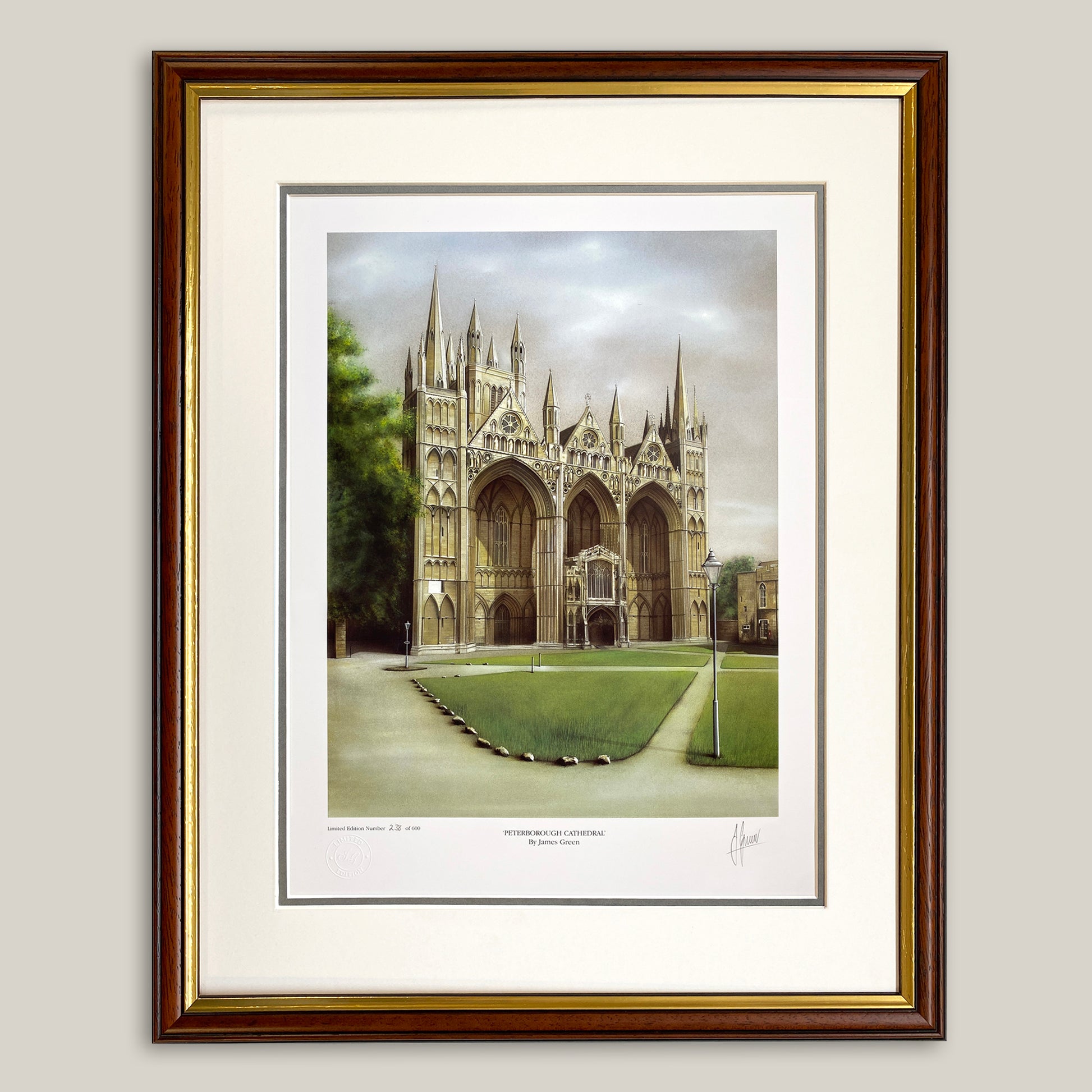 framed painting of Peterborough cathedrals west front by local artist James Green