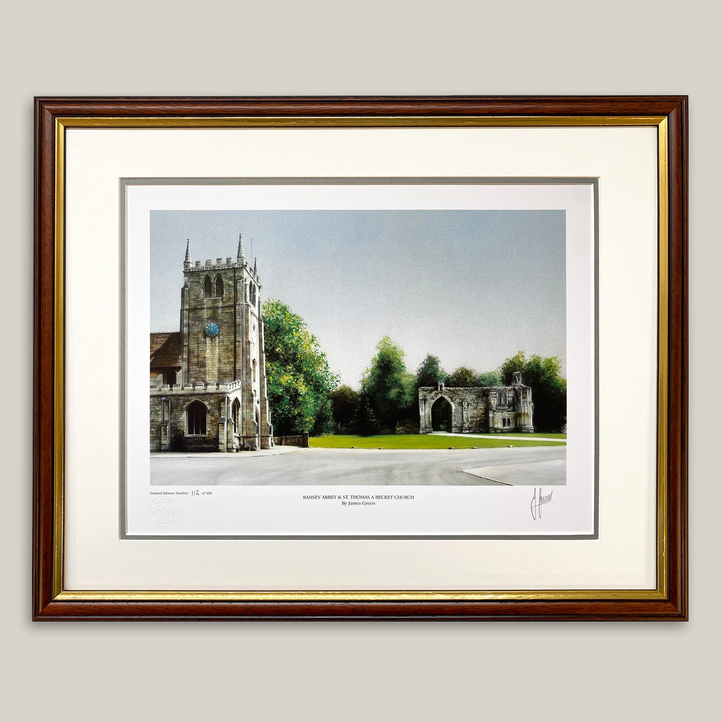 framed watercolour painting of Ramsey Abbey by James Green