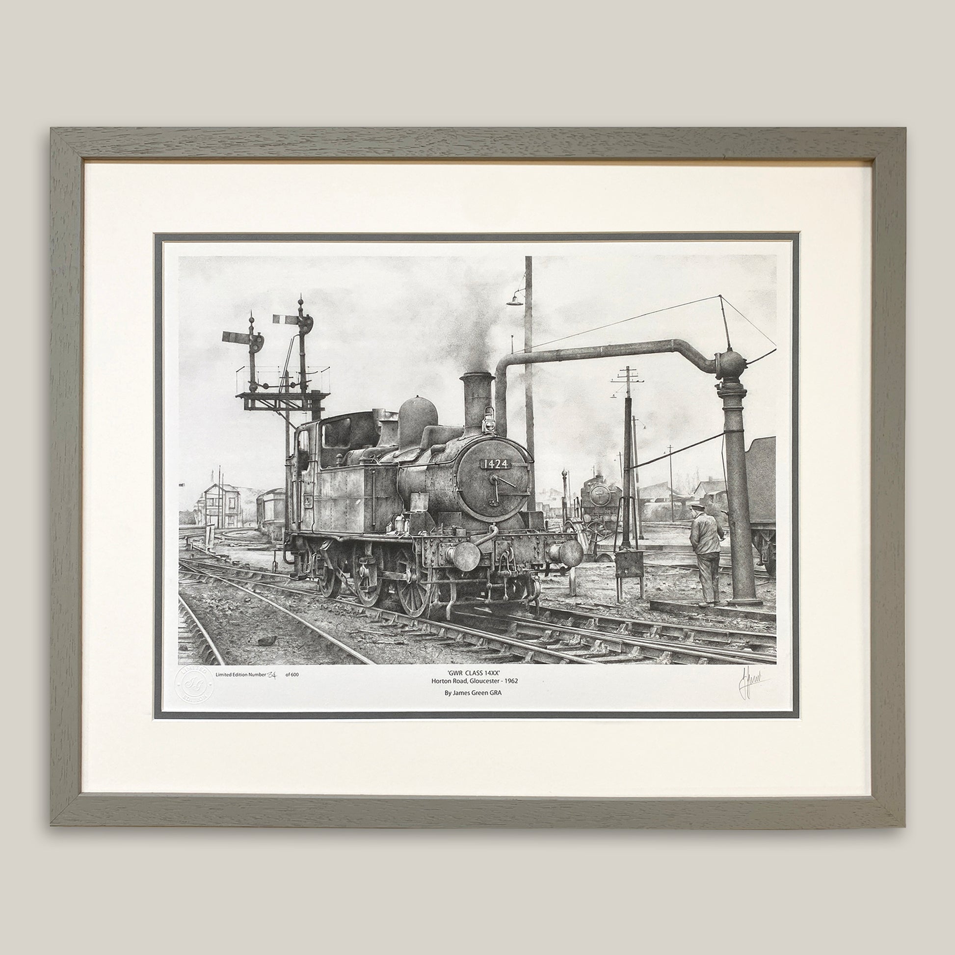 framed pencil artwork of a GWR steam train filling up with water  