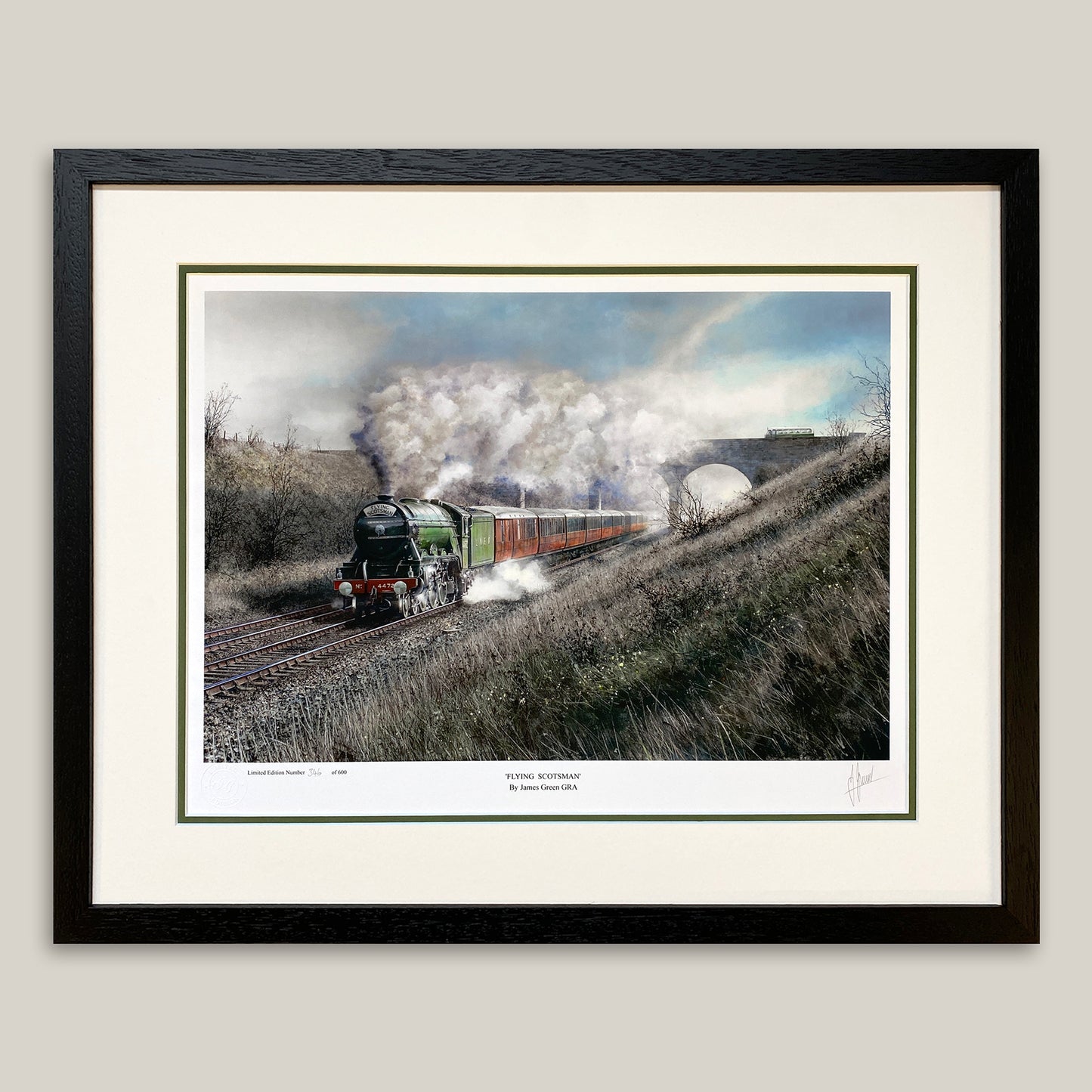 Framed print of Flying Scotsman steam train going under a viaduct, painting by guild of railway artist James Green