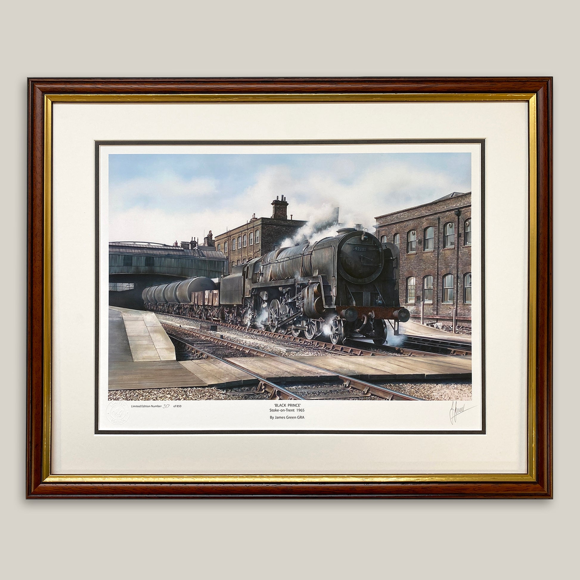 artwork of a steam train going through Stoke on Trent railway station in 1965