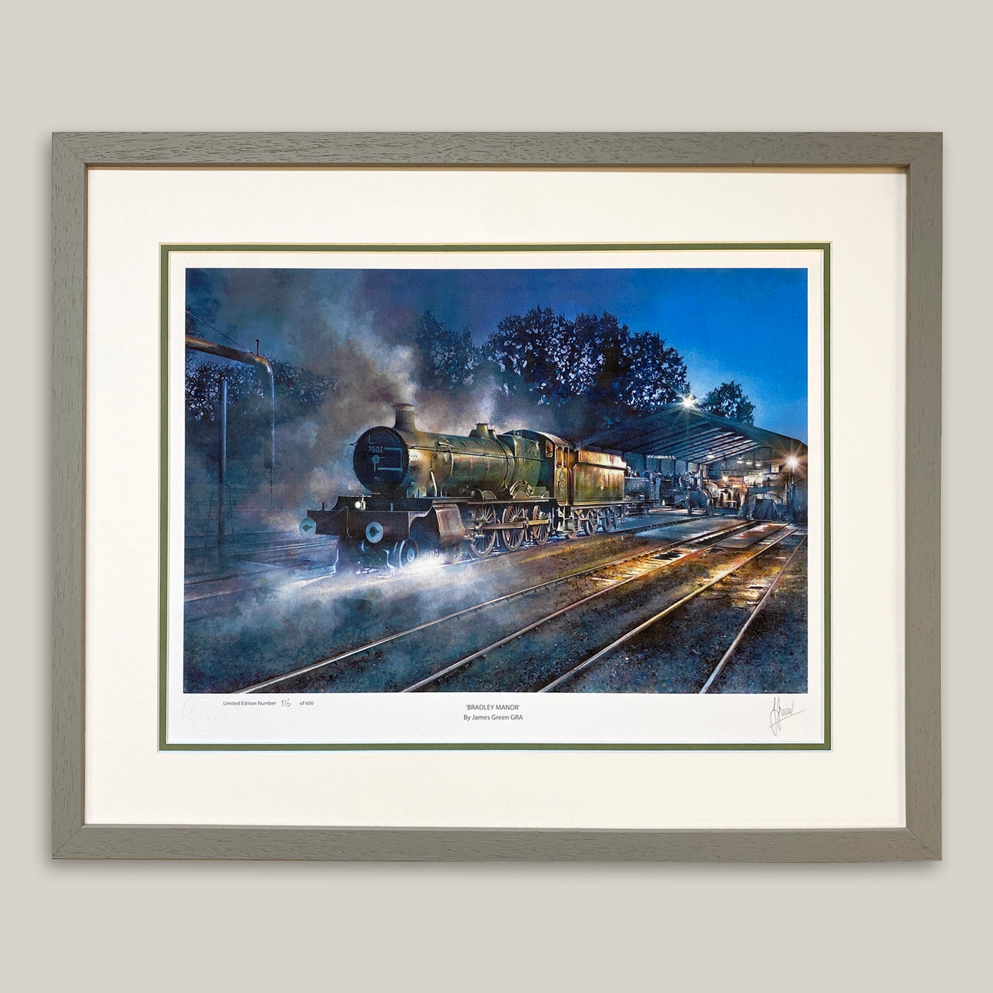 7802 locomotive print at Bridgnorth station, framed in a light grey moulding