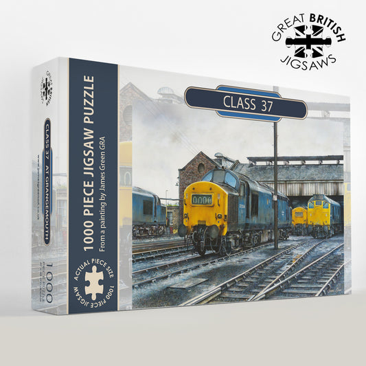 1000 piece jigsaw puzzle box showing four blue diesel trains with the main engine depicted being a class 37