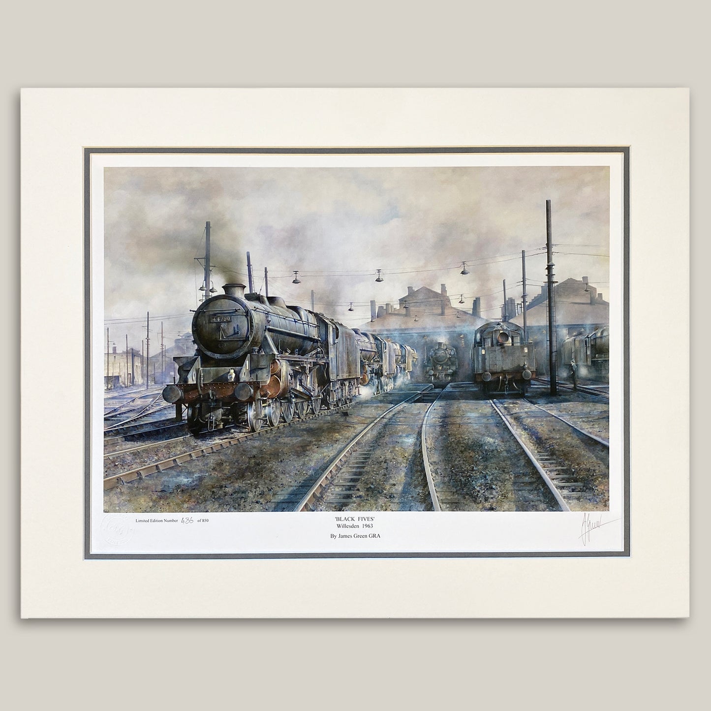 mounted painting of black 5s trains by artist james green