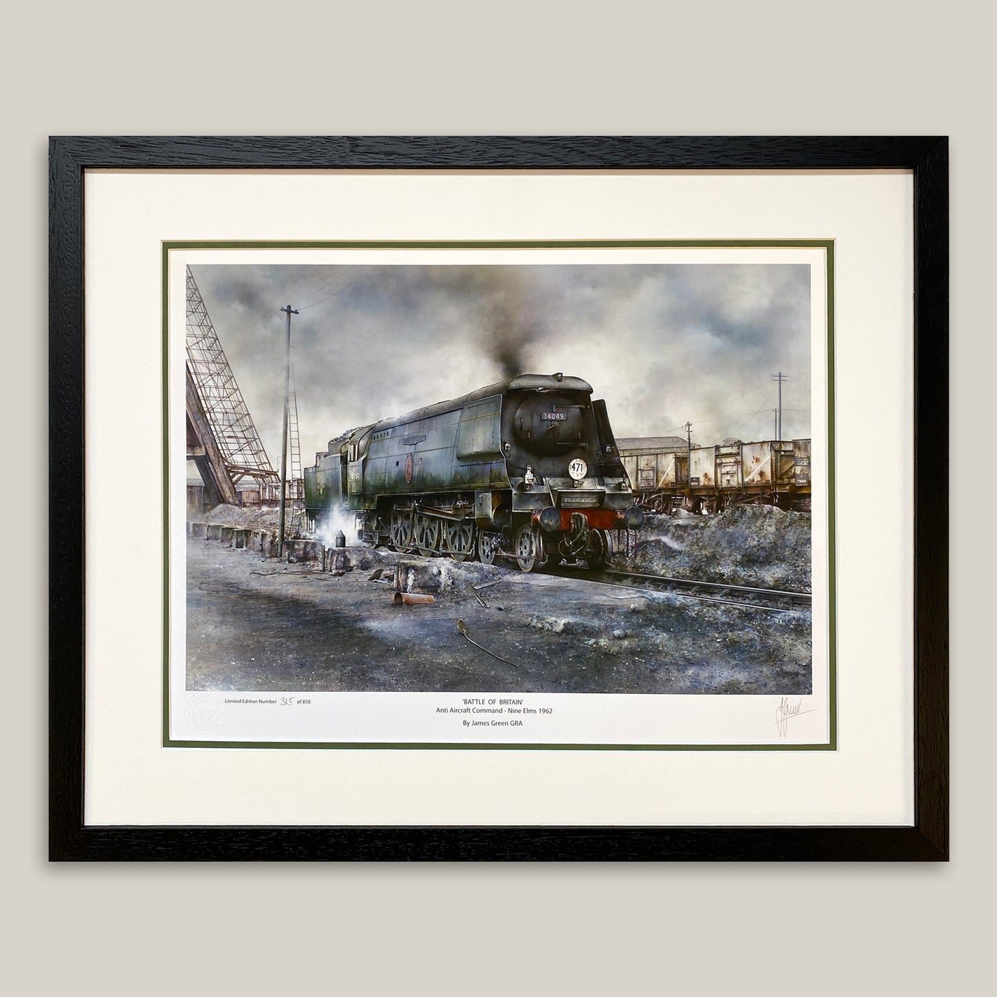 nine elms railway painting framed in a black frame