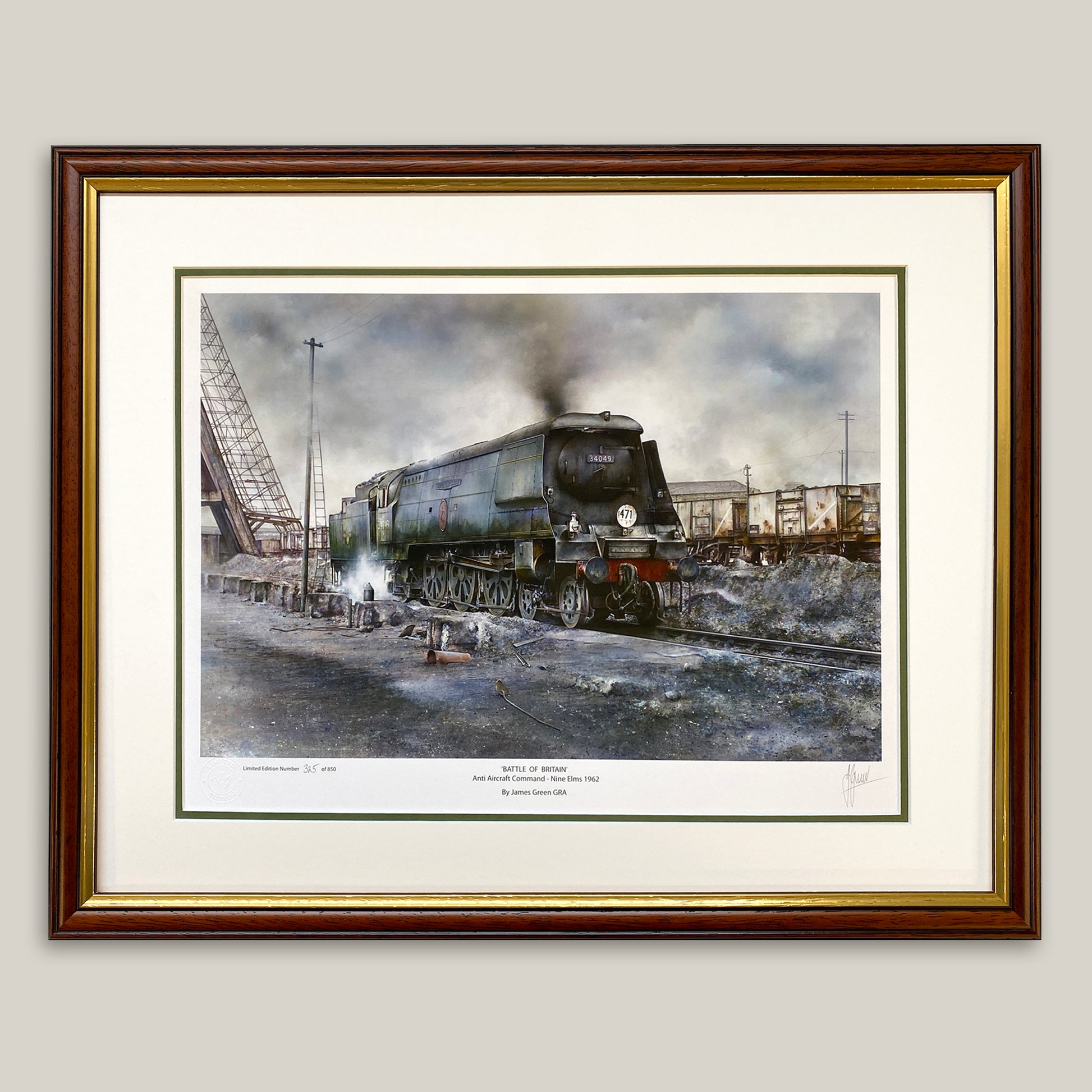 dark wood framed steam train print