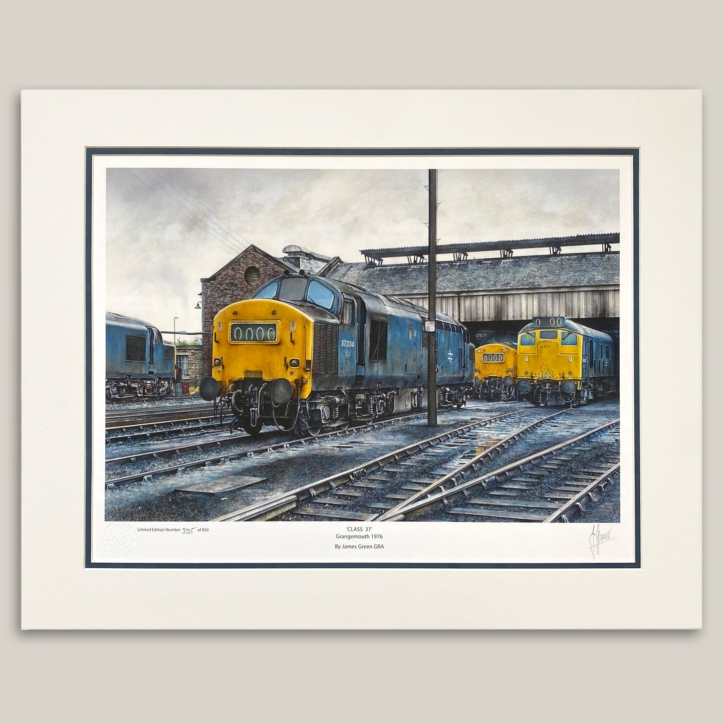 Painting of blue diesel trains at Grangemouth in Scotland mounted in a double mount