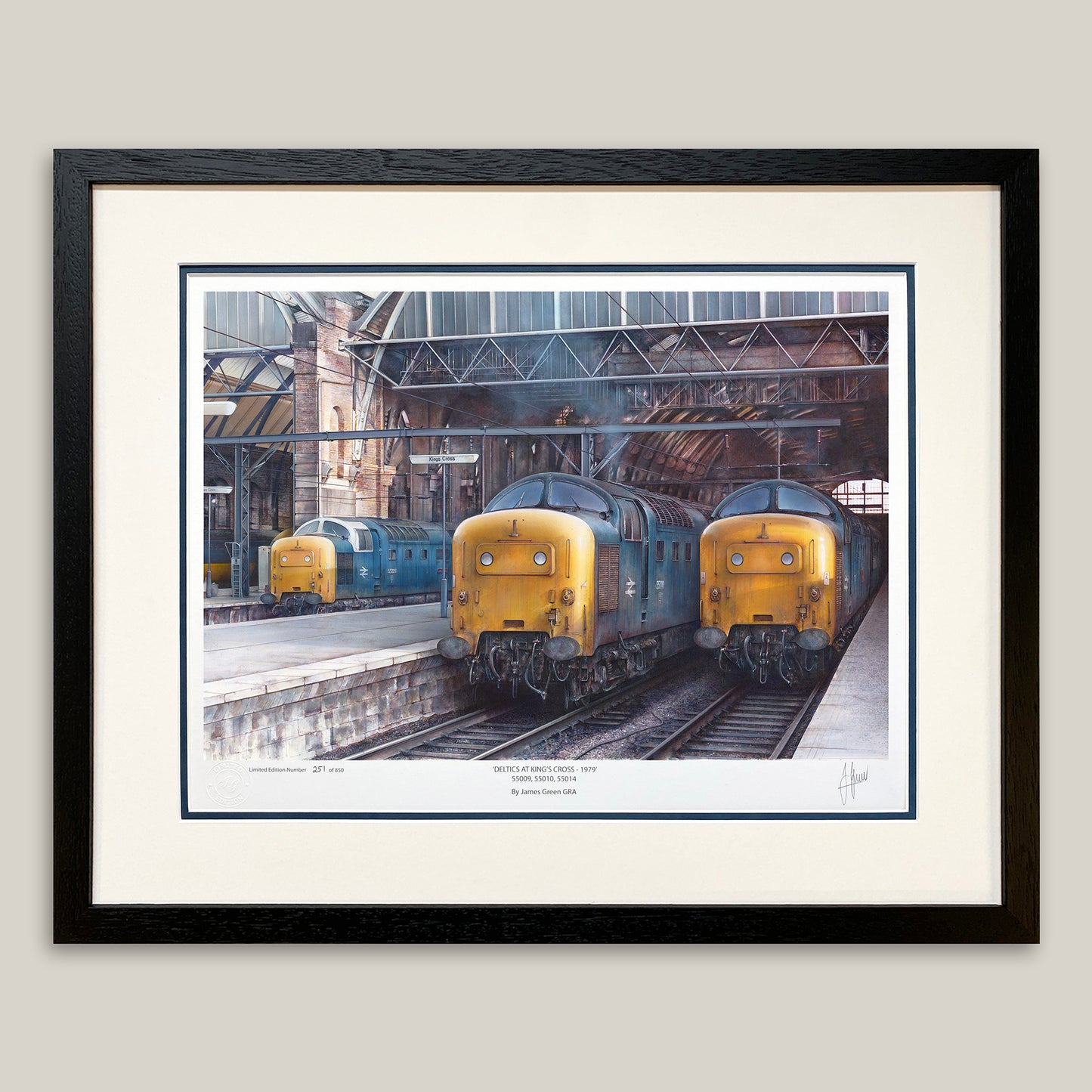 framed print of 3 deltics 55009 Alycidon  with a white cab, the middle deltic  55010 The King's Own Scottish Borderer and on the right of the painting is 55014 The Duke of Wellington's Regiment