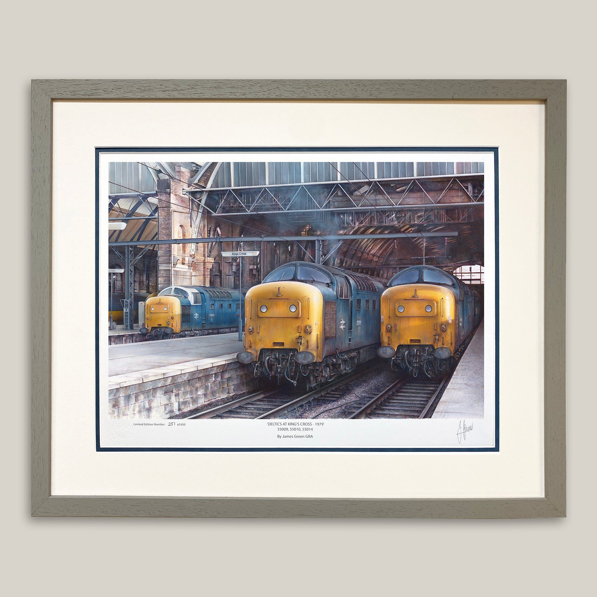 Diesel locomotives at Kings Cross by Guild of Railway Artist James Green