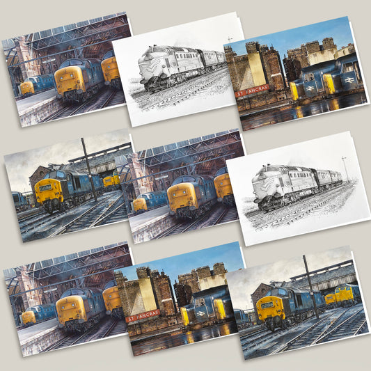 mixed pack of greeting cards with diesel train pictures on 