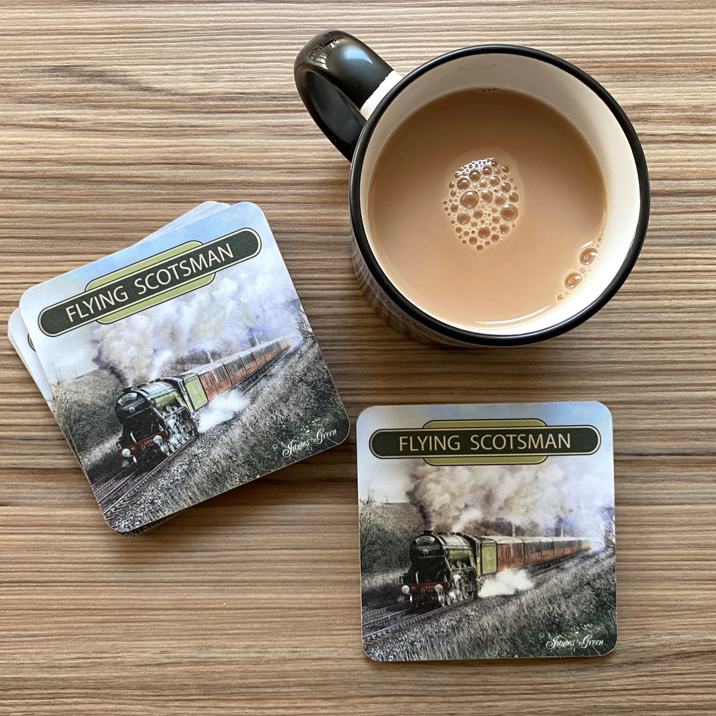 Flying Scotsman steam train in apple green  on a set on drinks coasters