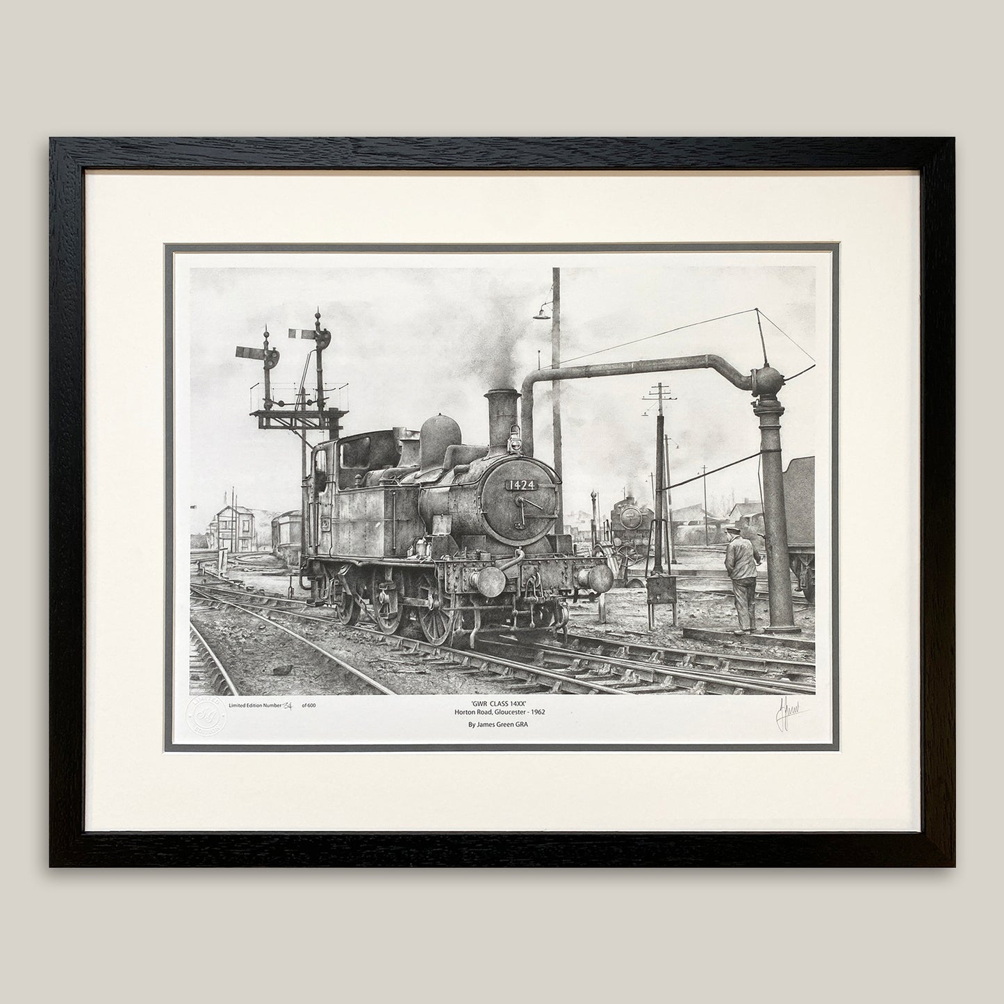 pencil drawing by Guild of Railway Artist James Green showing a Great Western  Railway tank engine at Horton Road 