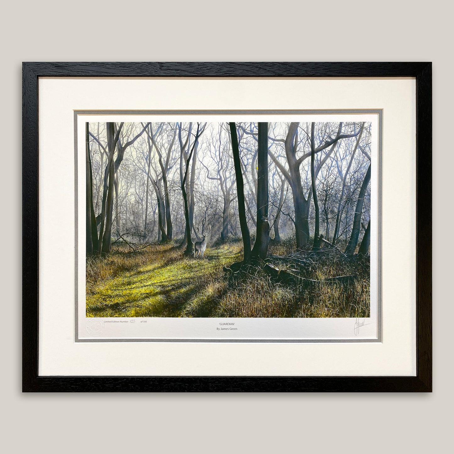 painting of a forest by James Green in a black frame