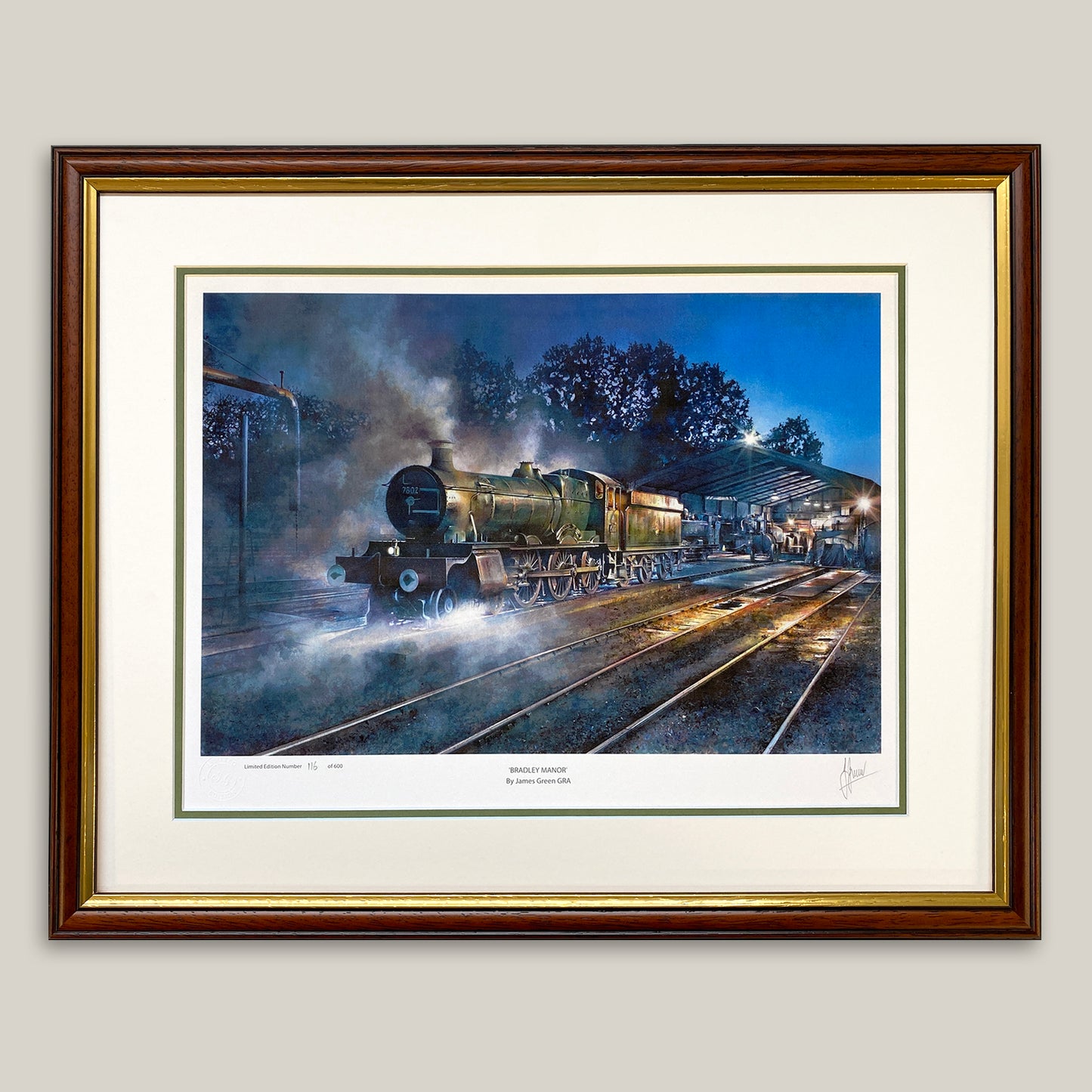 Bradley Manor steam train printing by guild of railway artist James Green in dark wood frame